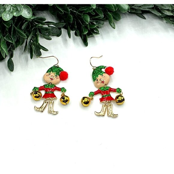 Christmas Elf Jingle Bell Dangle Earrings Festive Holiday Jewelry - Picture 3 of 5